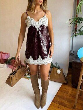 Dark Brown Elegant Women's Loose Regular Sleeve Long Sequin Lace Trim Slip Dress